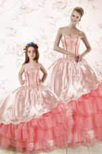 Deluxe Embroidery and Ruffled Layers Vestidos de Quinceanera Watermelon Red Lace Up Sleeveless Floor Length
