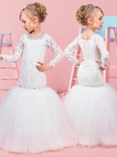  Scoop Floor Length Ball Gowns Long Sleeves White Flower Girl Dress Lace Up