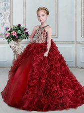 Sweet Wine Red Ball Gowns Organza Scoop Sleeveless Beading and Ruffles Floor Length Lace Up Little Girls Pageant Dress Wholesale