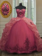 Popular Pink Lace Up Vestidos de Quinceanera Beading and Appliques and Pick Ups Sleeveless With Train Court Train