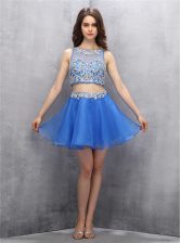  Two Pieces Prom Party Dress Blue Scoop Organza Sleeveless Mini Length Zipper