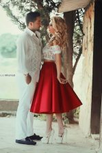 Fashion Red Satin Zipper Off The Shoulder Short Sleeves Tea Length Prom Dresses Lace