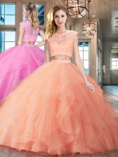  Scoop Organza Cap Sleeves With Train Quinceanera Gown Brush Train and Beading and Appliques and Ruffles