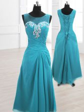 Designer Chiffon Scoop Sleeveless Lace Up Beading and Ruching Prom Dresses in Teal