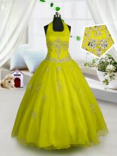 Luxurious A-line Custom Made Yellow Halter Top Tulle Sleeveless Floor Length Lace Up