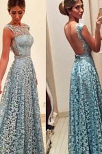 Sweet Turquoise Lace Backless Dress for Prom Sleeveless Floor Length Lace