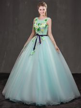Free and Easy Scoop Sleeveless 15th Birthday Dress Floor Length Appliques Apple Green Organza