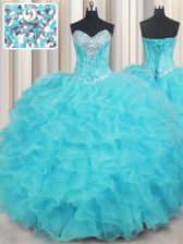  Sleeveless Organza Floor Length Lace Up Sweet 16 Quinceanera Dress in Aqua Blue with Beading and Ruffles