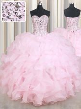  Sleeveless Organza Floor Length Lace Up Quince Ball Gowns in Baby Pink with Beading and Ruffles