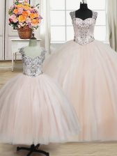  Straps Sleeveless Floor Length Beading Zipper Sweet 16 Dresses with Pink