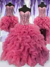 Custom Design Four Piece Pink Sleeveless Ruffled Layers and Sequins Floor Length Ball Gown Prom Dress