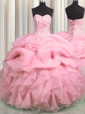 Visible Boning Rose Pink Lace Up Sweetheart Beading and Ruffles and Pick Ups Quinceanera Gown Organza Sleeveless