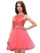  Watermelon Red Organza Zipper Dress for Prom Sleeveless Mini Length Beading and Lace