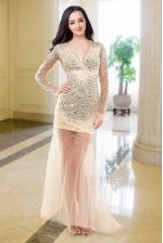  Peach Prom and Party with Beading V-neck Long Sleeves Zipper