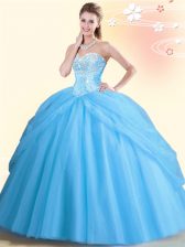  Aqua Blue Tulle Lace Up Sweetheart Sleeveless Floor Length Quinceanera Gowns Beading