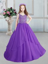  Eggplant Purple Ball Gowns Organza Straps Sleeveless Beading Floor Length Lace Up Little Girl Pageant Gowns
