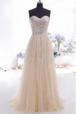 Stylish Champagne Empire Organza Sweetheart Sleeveless Beading and Belt Zipper Prom Gown Sweep Train