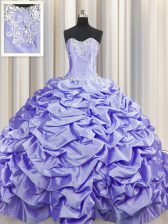 Delicate Brush Train Lavender Ball Gowns Sweetheart Sleeveless Taffeta Sweep Train Lace Up Beading and Pick Ups 15th Birthday Dress