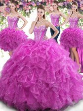 Popular Four Piece Fuchsia Tulle Lace Up Sweetheart Sleeveless Floor Length Ball Gown Prom Dress Beading and Ruffles