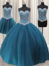 Three Piece Beading and Ruffles Quinceanera Gown Teal Lace Up Sleeveless Floor Length