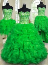  Four Piece Green Sweetheart Neckline Beading and Ruffles Ball Gown Prom Dress Sleeveless Lace Up