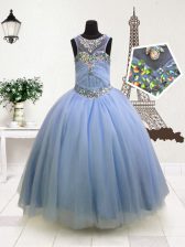  Scoop Sleeveless Organza Floor Length Zipper Child Pageant Dress in Light Blue with Beading and Ruffles