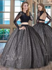  Black Two Pieces Scoop Long Sleeves Tulle Floor Length Backless Appliques Quinceanera Gown