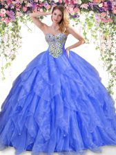  Blue Lace Up Sweetheart Beading and Ruffles Quinceanera Gown Organza Sleeveless