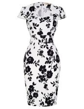 Comfortable Column/Sheath Prom Dress White And Black High-neck Chiffon Short Sleeves Knee Length Zipper