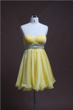 Classical Light Yellow Column/Sheath Sweetheart Sleeveless Organza Mini Length Backless Beading Prom Dresses