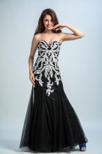  Black Column/Sheath Tulle Sweetheart Sleeveless Embroidery Floor Length Zipper Prom Evening Gown