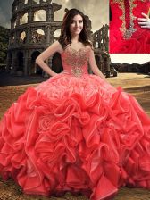 Fantastic Fabric With Rolling Flowers Sweetheart Sleeveless Lace Up Beading Quince Ball Gowns in Red