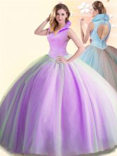 Modest Sleeveless Tulle Floor Length Backless Quince Ball Gowns in Lilac with Beading