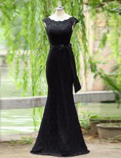 Superior Mermaid Scoop Sleeveless Floor Length Lace Zipper Prom Dresses with Black