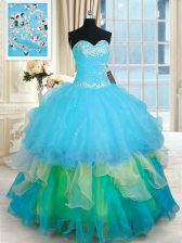  Multi-color Lace Up Quinceanera Dress Beading and Ruffled Layers Sleeveless Floor Length