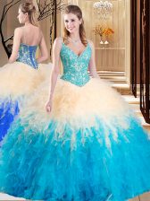  Multi-color V-neck Neckline Lace and Ruffles Quince Ball Gowns Sleeveless Lace Up