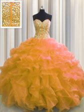  Visible Boning Orange Ball Gowns Beading and Ruffles Quinceanera Dresses Lace Up Organza Sleeveless Floor Length