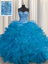  See Through Sleeveless Organza Floor Length Lace Up Vestidos de Quinceanera in Teal with Beading and Ruffles