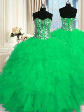 New Arrival Floor Length Green Sweet 16 Quinceanera Dress Organza Sleeveless Beading and Ruffles
