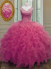 Glorious Hot Pink Ball Gowns Beading and Ruffles Quinceanera Dresses Zipper Organza Sleeveless Floor Length