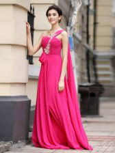 Free and Easy One Shoulder Sleeveless With Train Beading and Sashes ribbons and Ruching Zipper Prom Evening Gown with Hot Pink Brush Train