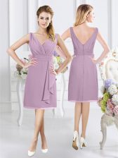 Wonderful V-neck Sleeveless Court Dresses for Sweet 16 Knee Length Ruching Lavender Chiffon
