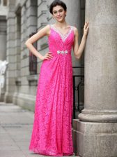  Hot Pink Lace Zipper V-neck Sleeveless Floor Length Dress for Prom Beading and Lace