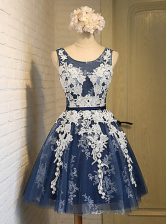 Dynamic Scoop Knee Length Navy Blue Prom Gown Organza Sleeveless Appliques