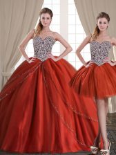 Custom Fit Three Piece Rust Red Sweetheart Neckline Beading Quinceanera Dress Sleeveless Lace Up
