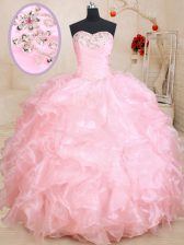  Floor Length Lace Up Ball Gown Prom Dress Baby Pink for Military Ball and Sweet 16 and Quinceanera with Beading and Ruffles
