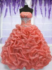  Strapless Sleeveless Lace Up Quinceanera Gowns Watermelon Red and Coral Red Organza