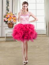 Chic Straps Hot Pink Sleeveless Mini Length Beading and Lace and Ruffles Lace Up 