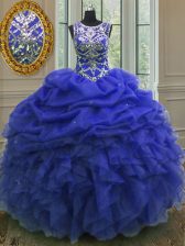 Luxurious Royal Blue Lace Up Scoop Beading and Ruffles and Pick Ups Quinceanera Dresses Organza Sleeveless