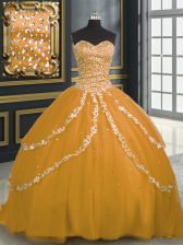 Charming Sweetheart Sleeveless Tulle Quince Ball Gowns Beading and Appliques Brush Train Lace Up